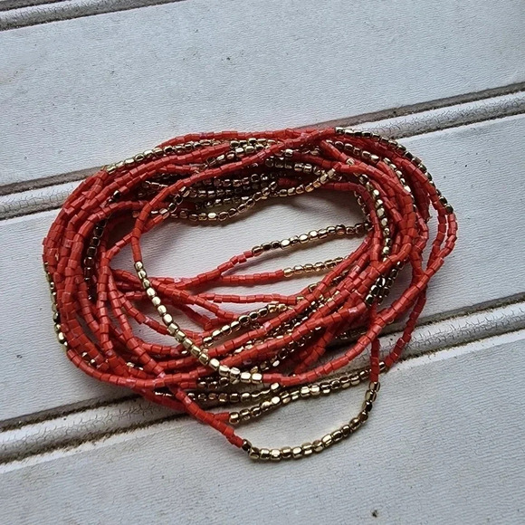 Set Bohemian Beaded Bracelet Women Bracelet Stackable Crafted Coral Pink Gold - Picture 4 of 5